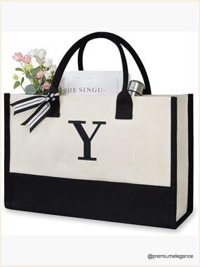 Personalized Initial Canvas Tote Beach Bag Monogrammed Gift